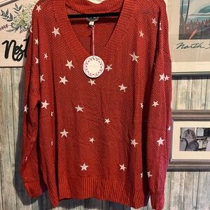 Umgee Rust Star Patterned V Neck Sweater